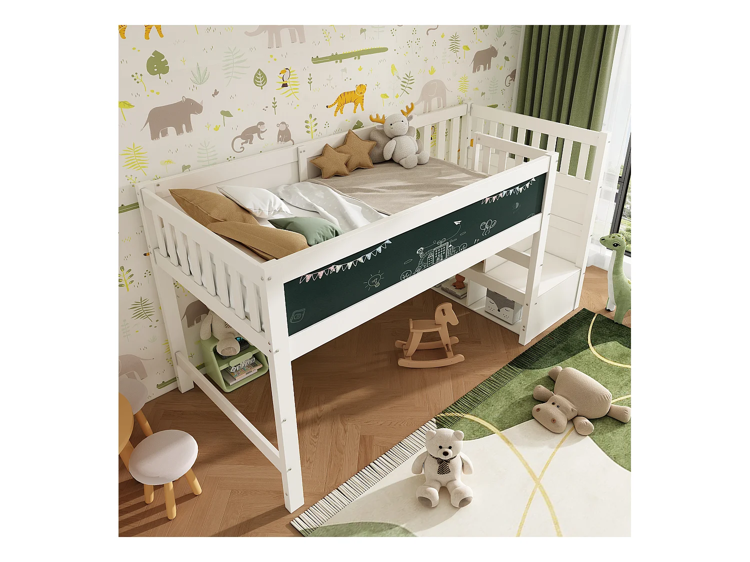 Lit mezzanine enfant - 90 x 200 cm - avec tableau + étagères de rangement - MDF + bois - blanc