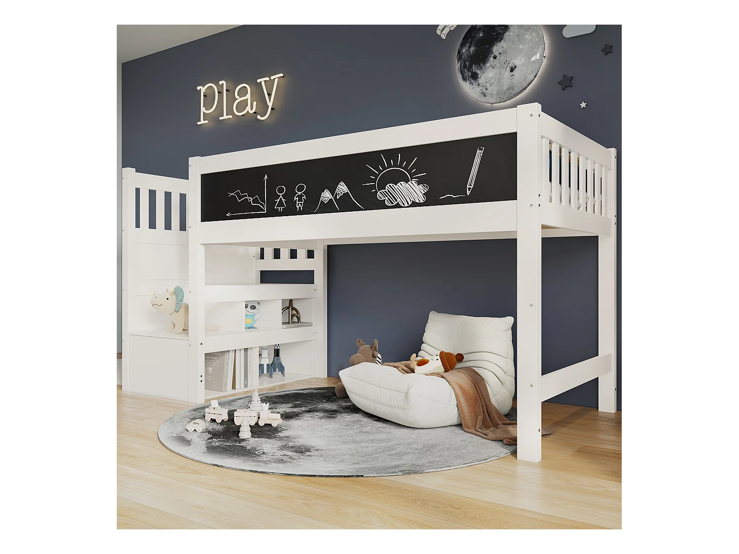 Lit mezzanine enfant - 90 x 200 cm - avec tableau + étagères de rangement - MDF + bois - blanc