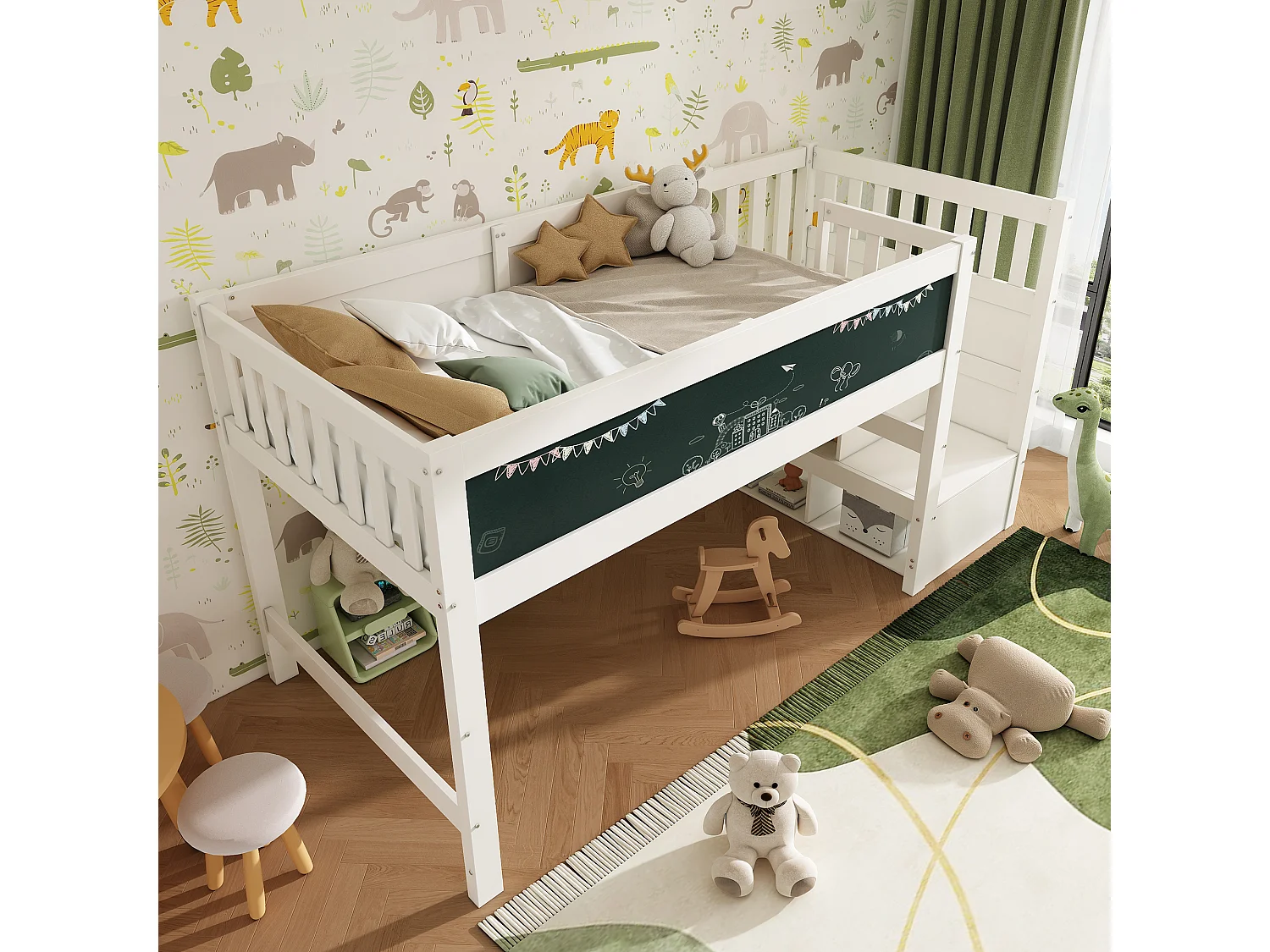 Lit mezzanine enfant - 90 x 200 cm - avec tableau + étagères de rangement - MDF + bois - blanc