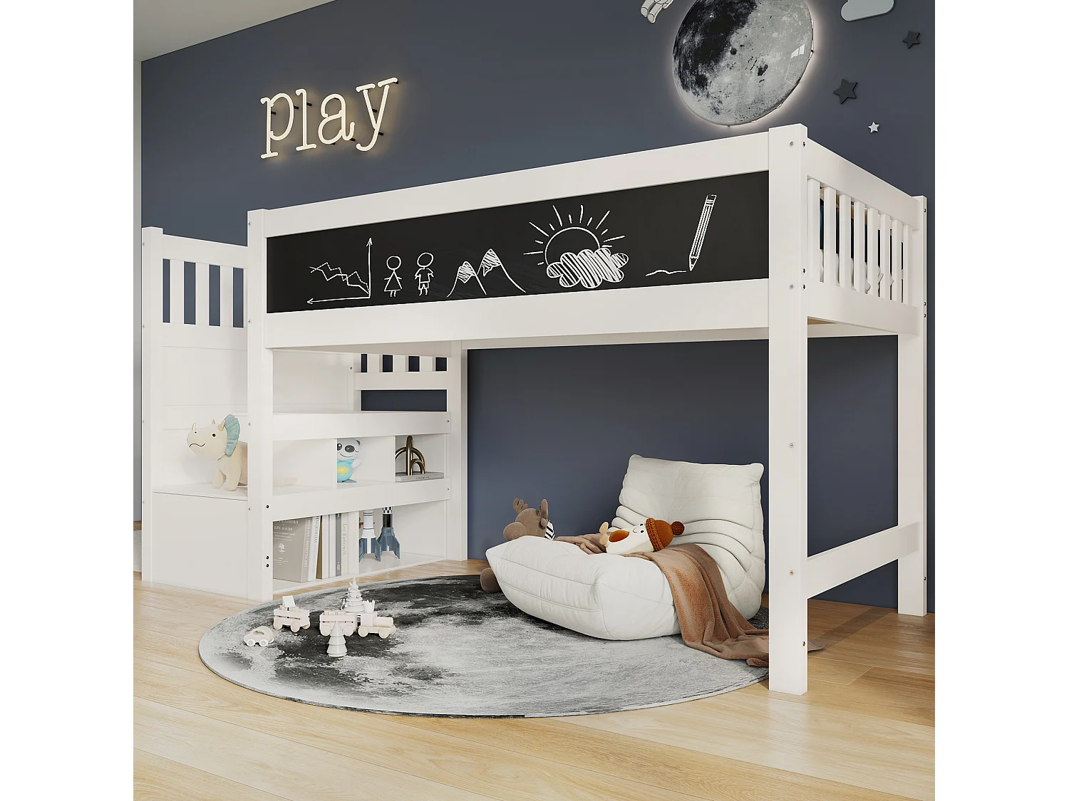 Lit mezzanine enfant - 90 x 200 cm - avec tableau + étagères de rangement - MDF + bois - blanc