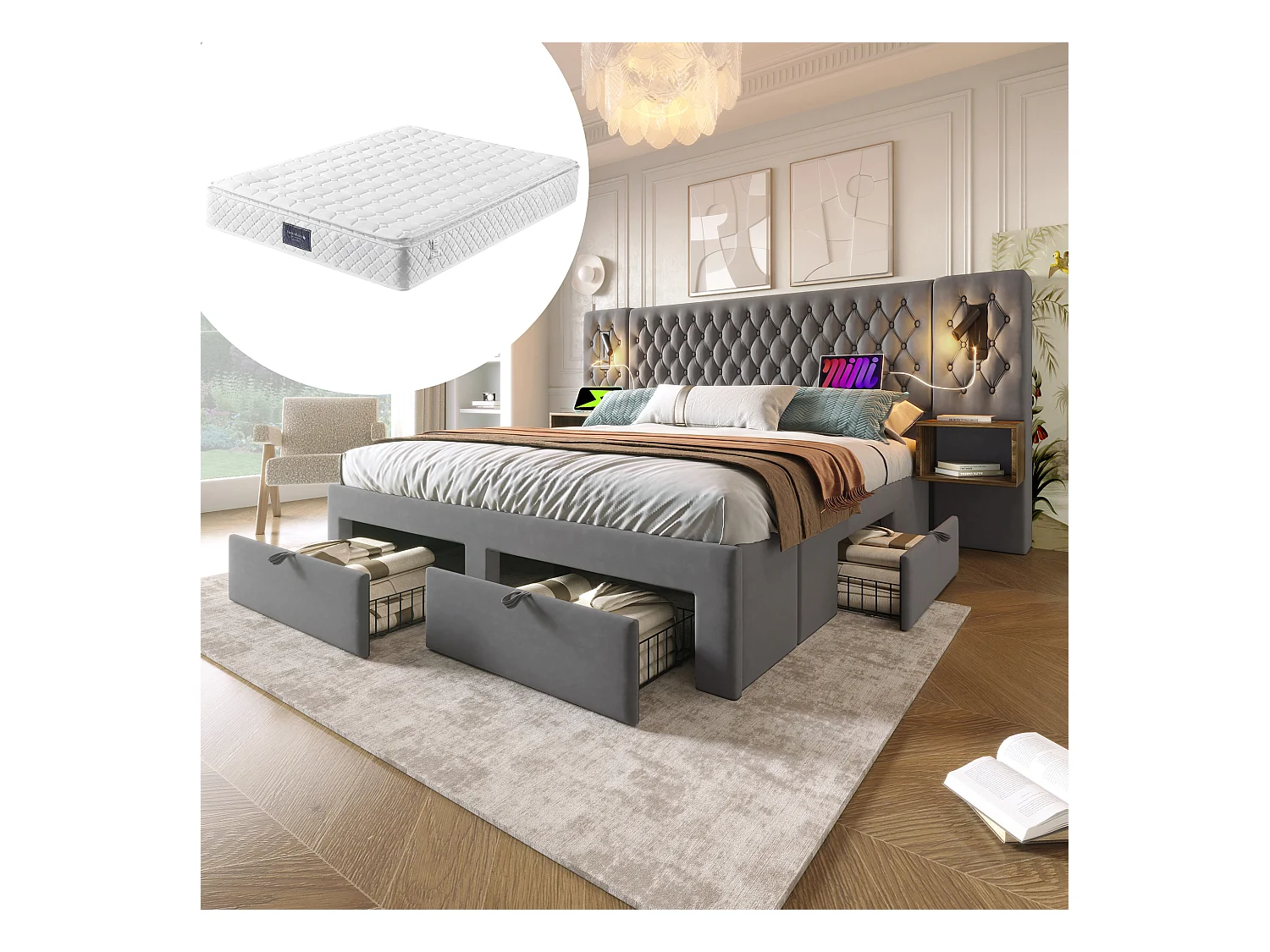 Lit coffre - 160 x 200 cm - avec 2 tables de chevet + 4 tiroirs + tête de lit lampe - velours - gris(avec matelas)