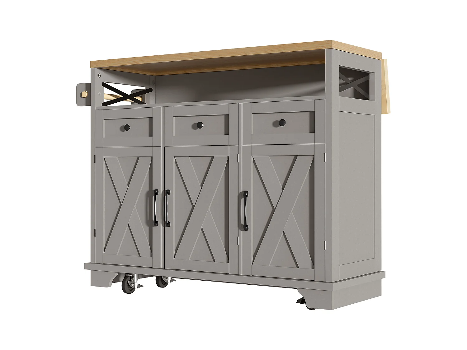 Îlot de cuisine avec roulettes - 118 x 43-80 x 98 cm - avec 3 portes + 3 tiroirs - MDF + Métal - gris