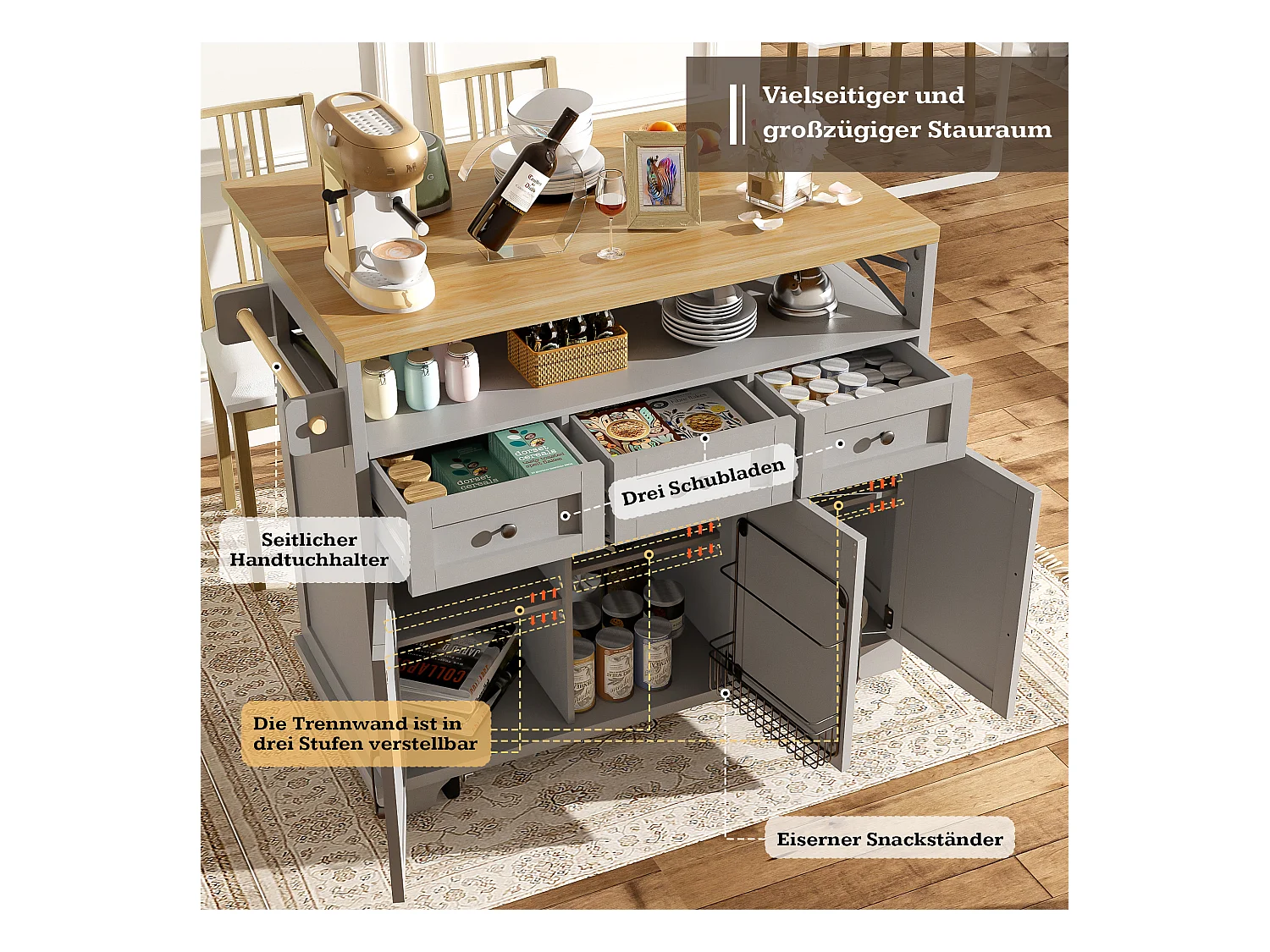 Îlot de cuisine avec roulettes - 118 x 43-80 x 98 cm - avec 3 portes + 3 tiroirs - MDF + Métal - gris