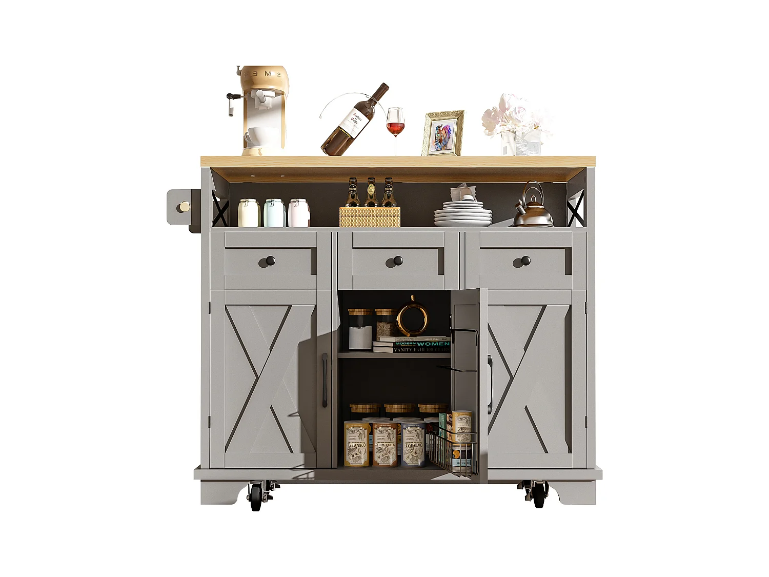 Îlot de cuisine avec roulettes - 118 x 43-80 x 98 cm - avec 3 portes + 3 tiroirs - MDF + Métal - gris