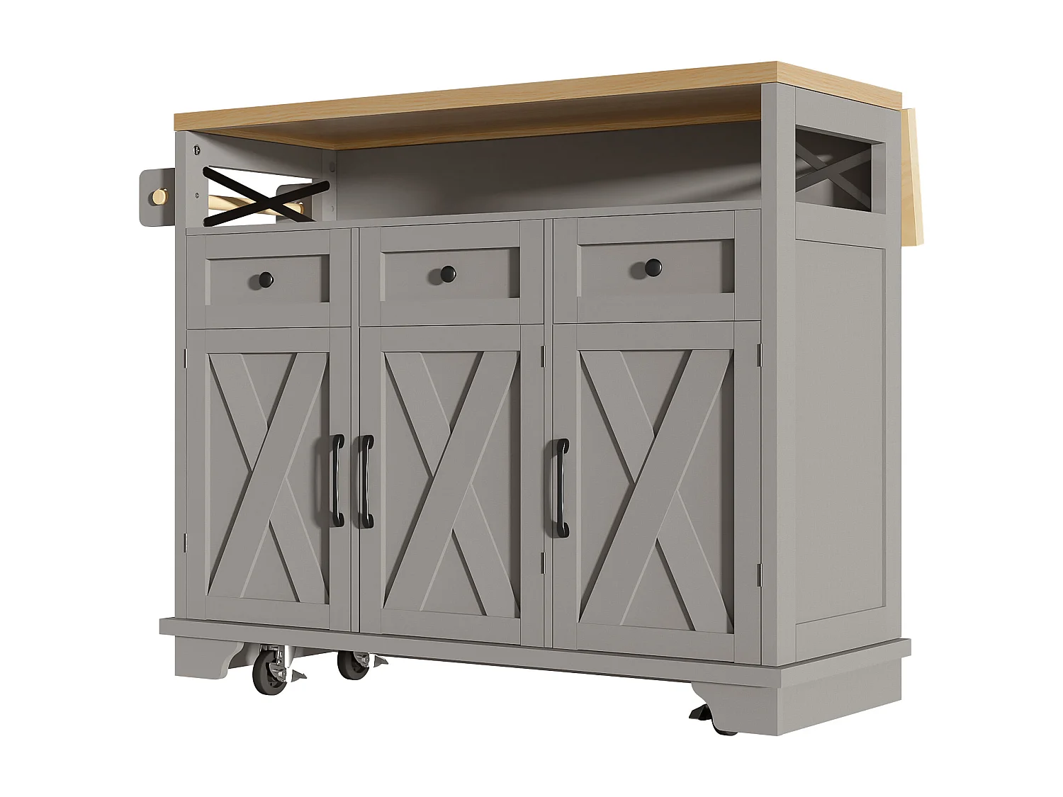 Kücheninsel mit Rollen - 118 x 43–80 x 98 cm - mit 3 Türen + 3 Schubladen - MDF + Metall - Grau