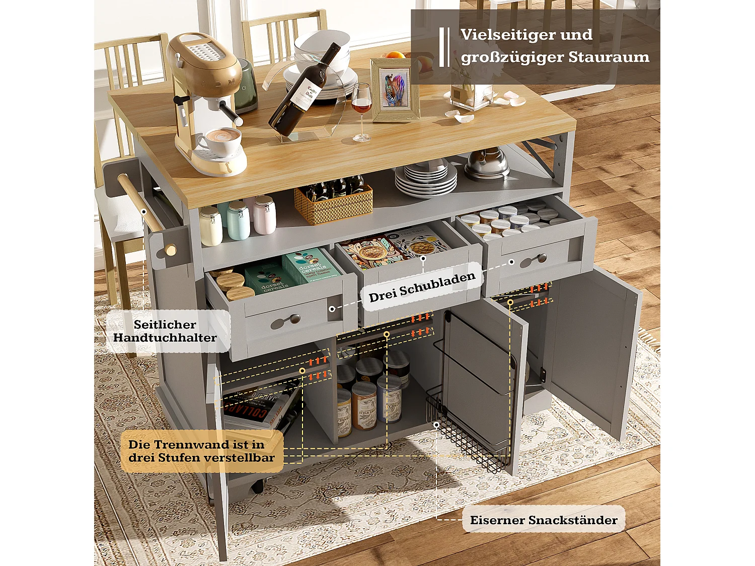 Kücheninsel mit Rollen - 118 x 43–80 x 98 cm - mit 3 Türen + 3 Schubladen - MDF + Metall - Grau