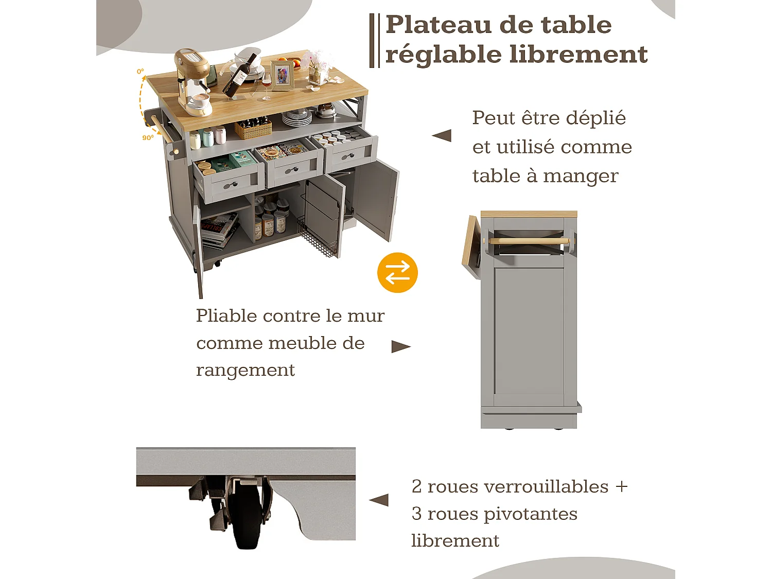 Kücheninsel mit Rollen - 118 x 43–80 x 98 cm - mit 3 Türen + 3 Schubladen - MDF + Metall - Grau
