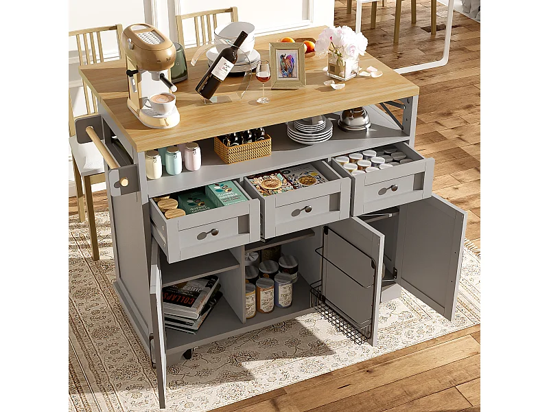 Isola cucina con ruote - 118 x 43-80 x 98 cm - con 3 ante + 3 cassetti - MDF + metallo - grigio