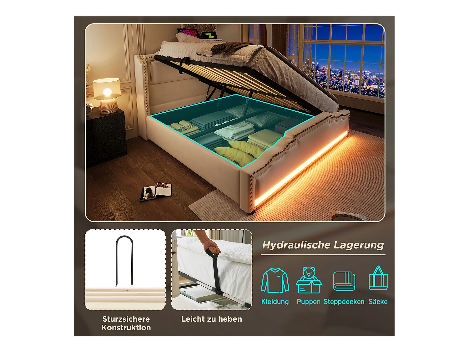 Lit double rembourré - 160 x 200 cm - rangement hydraulique - avec Leds + USB - velours - beige(avec matelas)