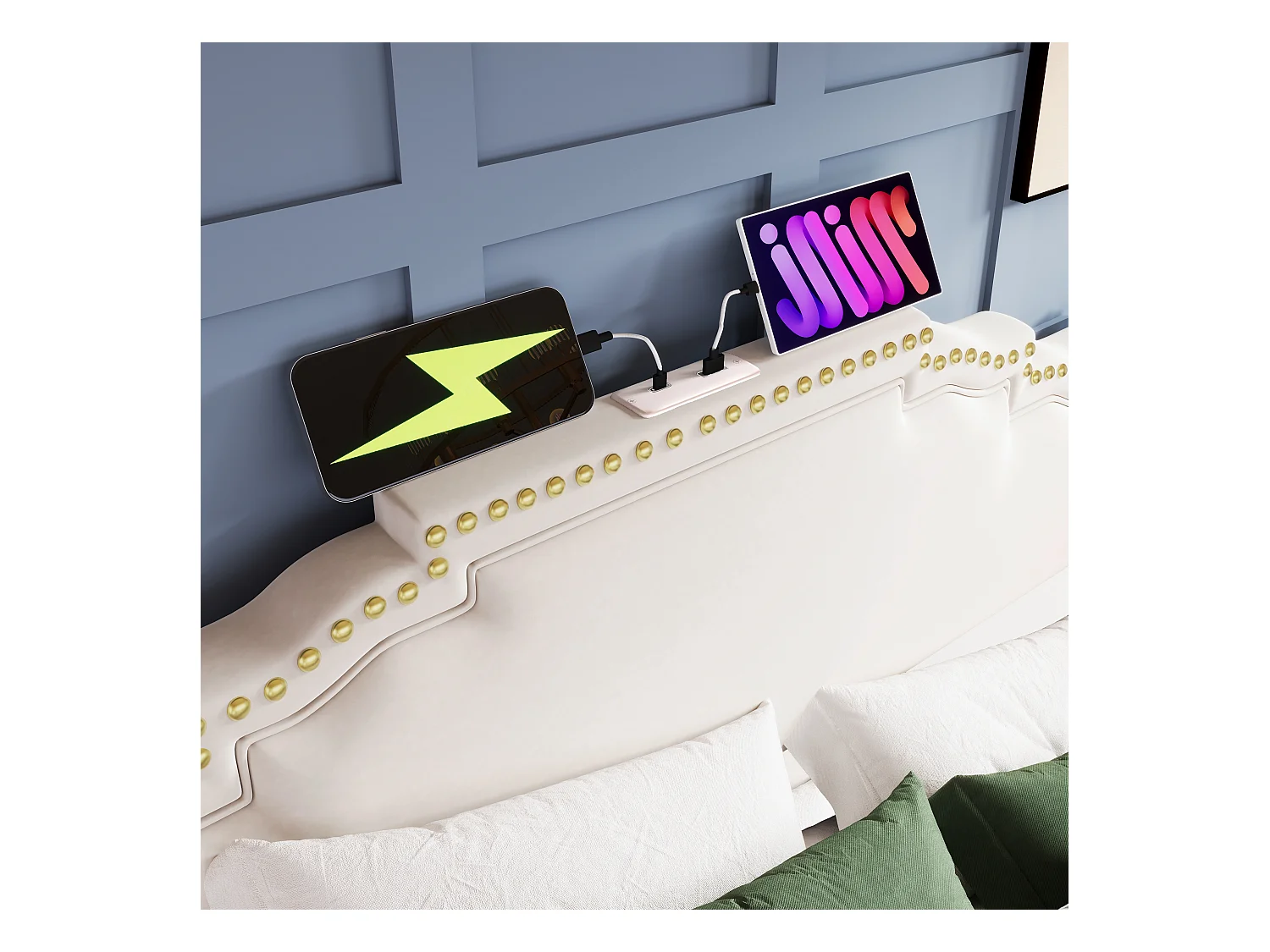 Lit double rembourré - 160 x 200 cm - rangement hydraulique - avec Leds + USB - velours - beige(avec matelas)