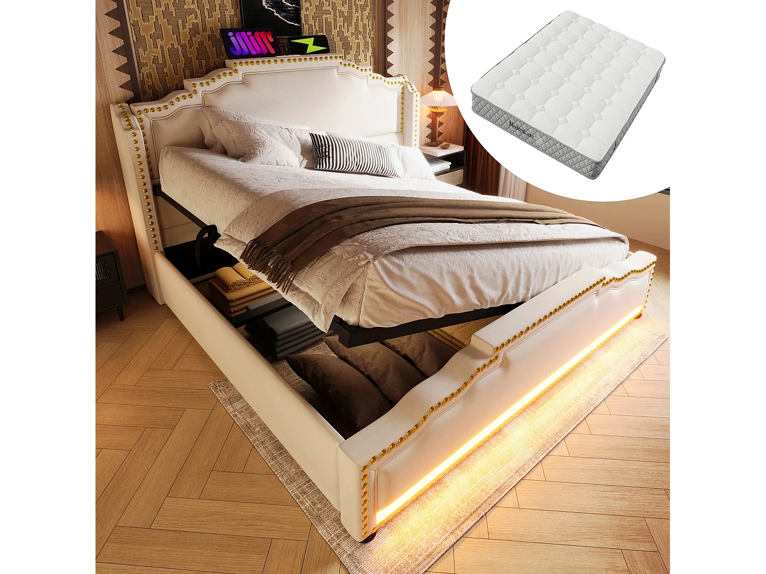 Gepolstertes Doppelbett - 160 x 200 cm - Hydraulischer Stauraum - mit LEDs + USB - Samt - Beige (mit Matratze)