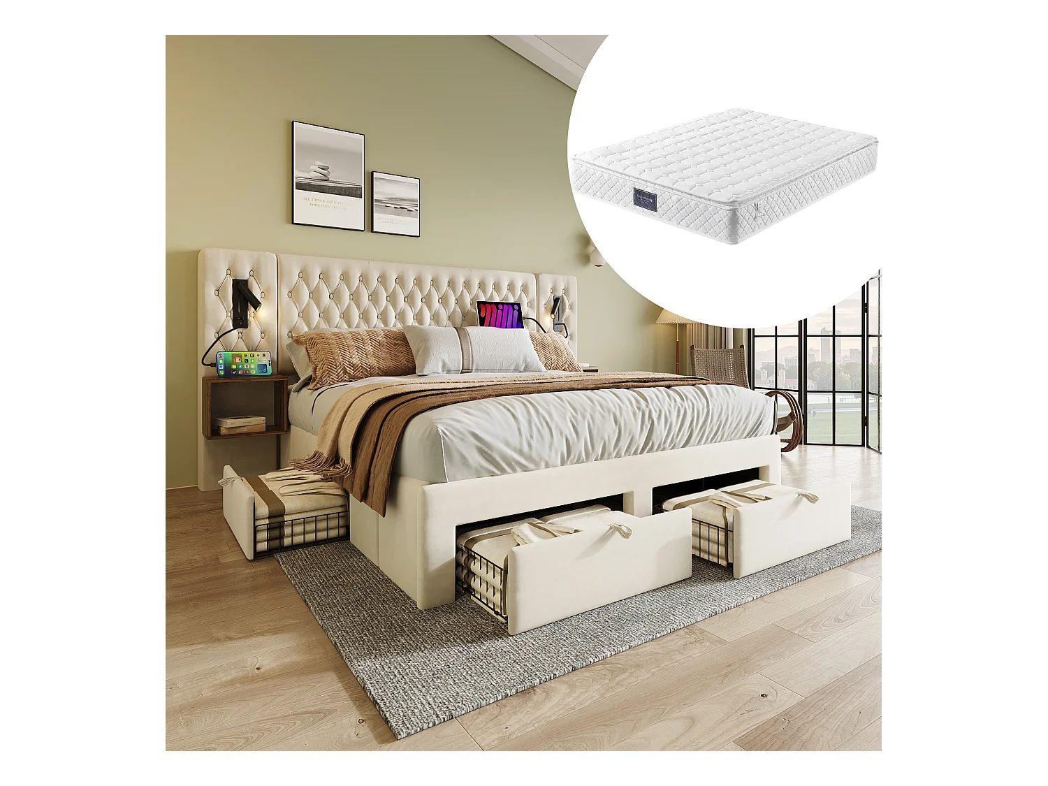 Lit coffre - 160 x 200 cm - avec 2 tables de chevet + 4 tiroirs + tête de lit lampe - velours - beige(avec matelas)