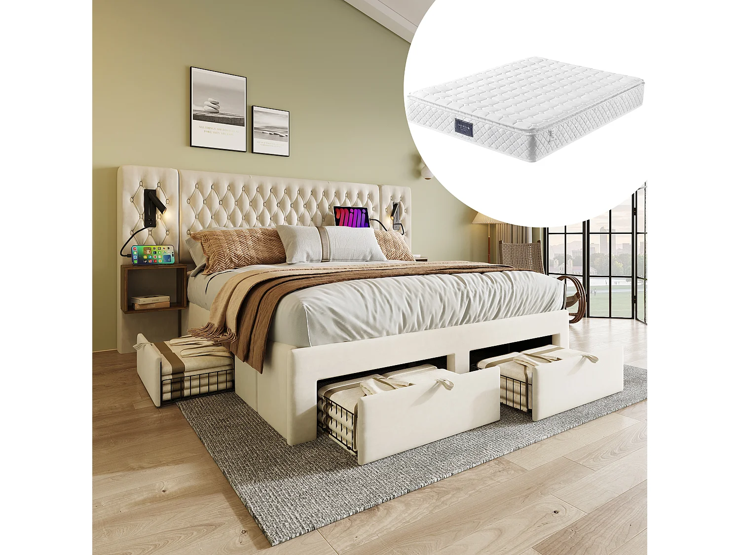 Lit coffre - 160 x 200 cm - avec 2 tables de chevet + 4 tiroirs + tête de lit lampe - velours - beige(avec matelas)