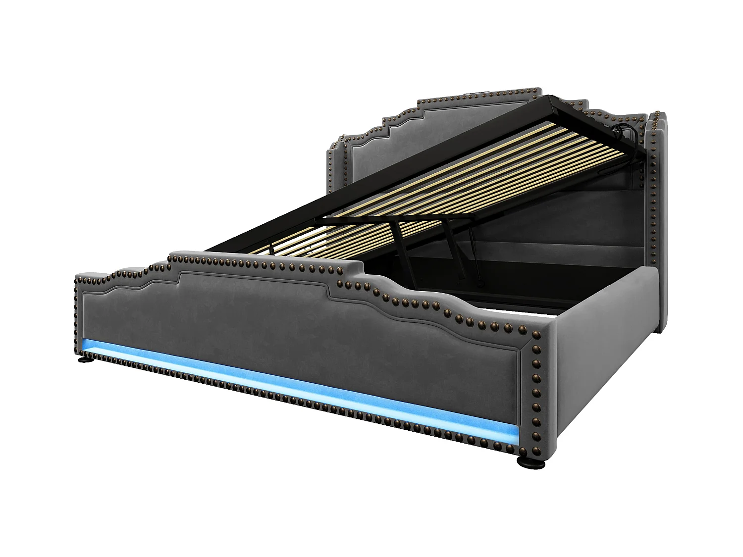 Lit double rembourré - 160 x 200 cm - rangement hydraulique - avec Leds + USB - velours - gris(avec matelas)