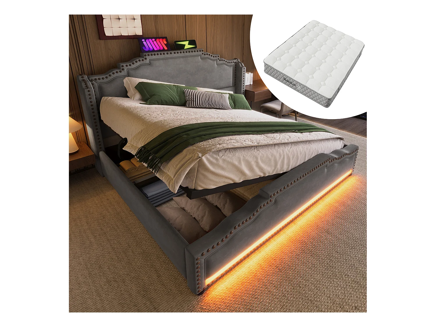 Lit double rembourré - 160 x 200 cm - rangement hydraulique - avec Leds + USB - velours - gris(avec matelas)