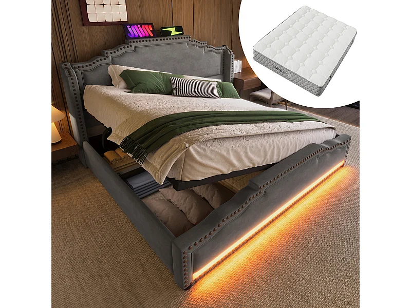 Lit double rembourré - 160 x 200 cm - rangement hydraulique - avec Leds + USB - velours - gris(avec matelas)