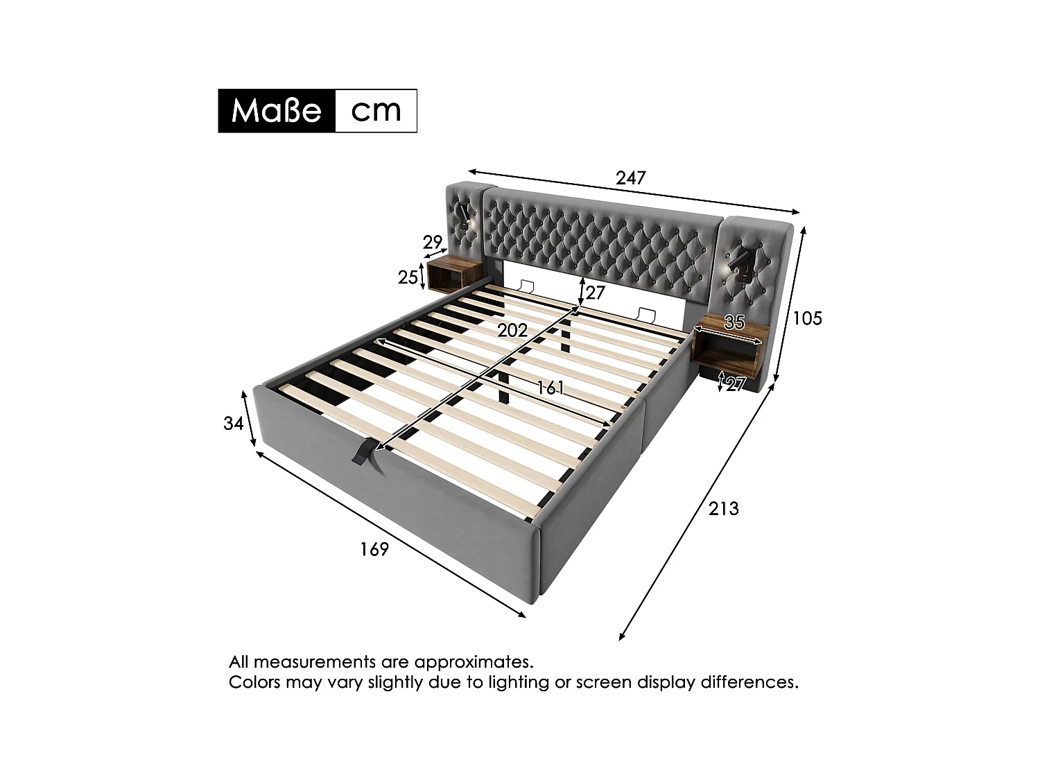 Lit coffre hydraulique - 160 x 200 cm - avec 2 tables de chevet + tête de lit lamp - velours - gris(avec matelas)