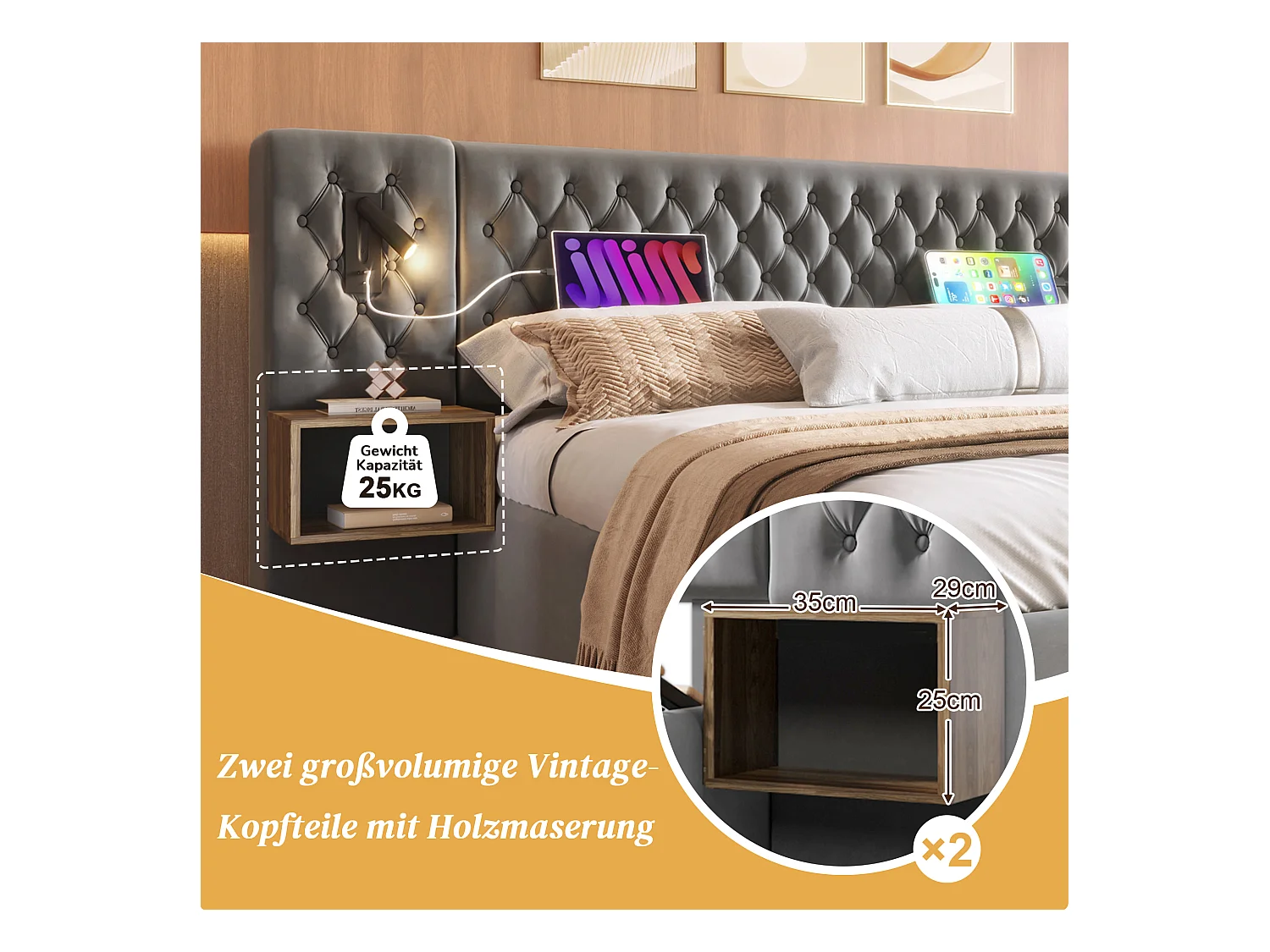 Lit coffre hydraulique - 160 x 200 cm - avec 2 tables de chevet + tête de lit lamp - velours - gris(avec matelas)