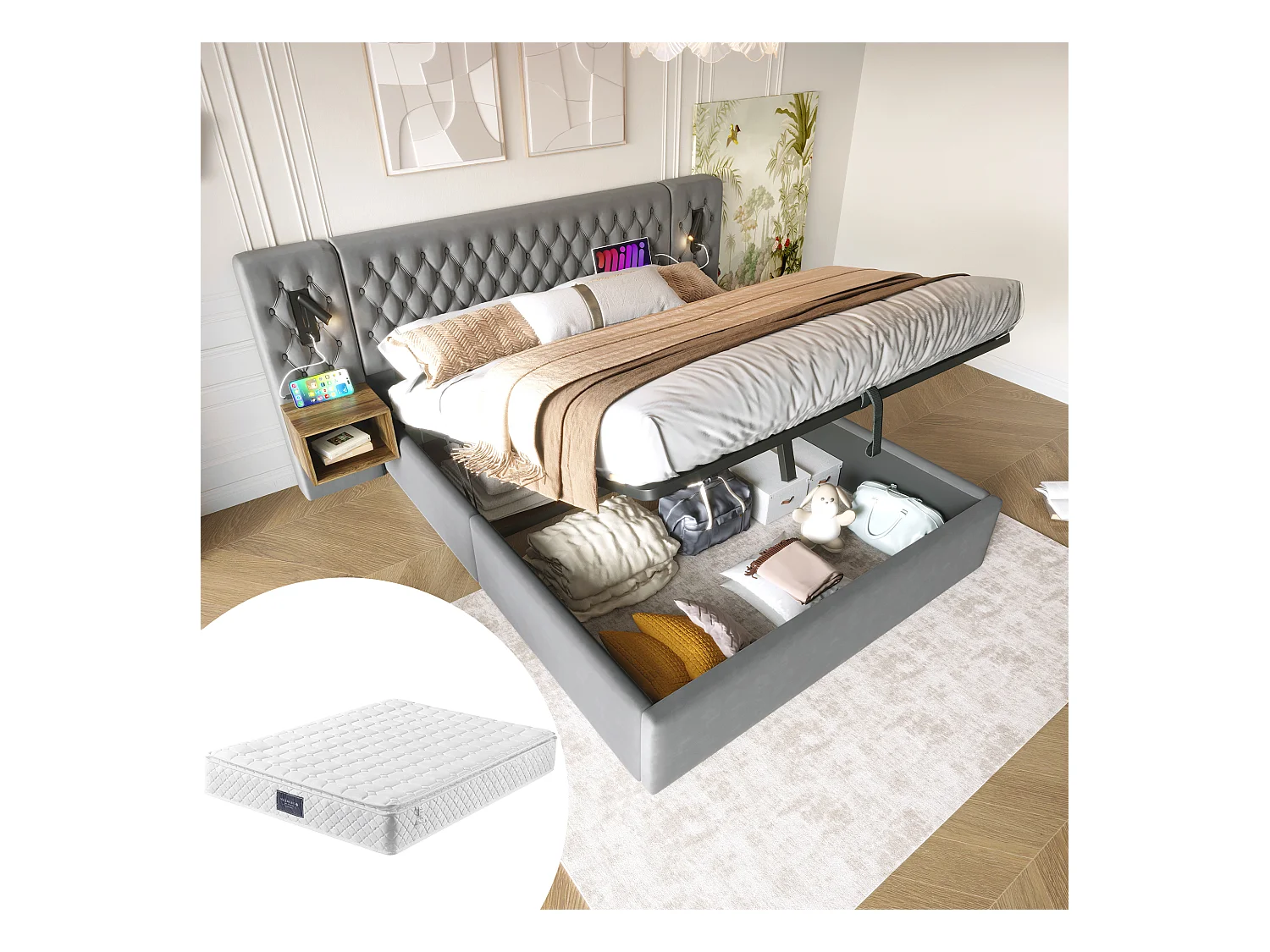 Lit coffre hydraulique - 160 x 200 cm - avec 2 tables de chevet + tête de lit lamp - velours - gris(avec matelas)