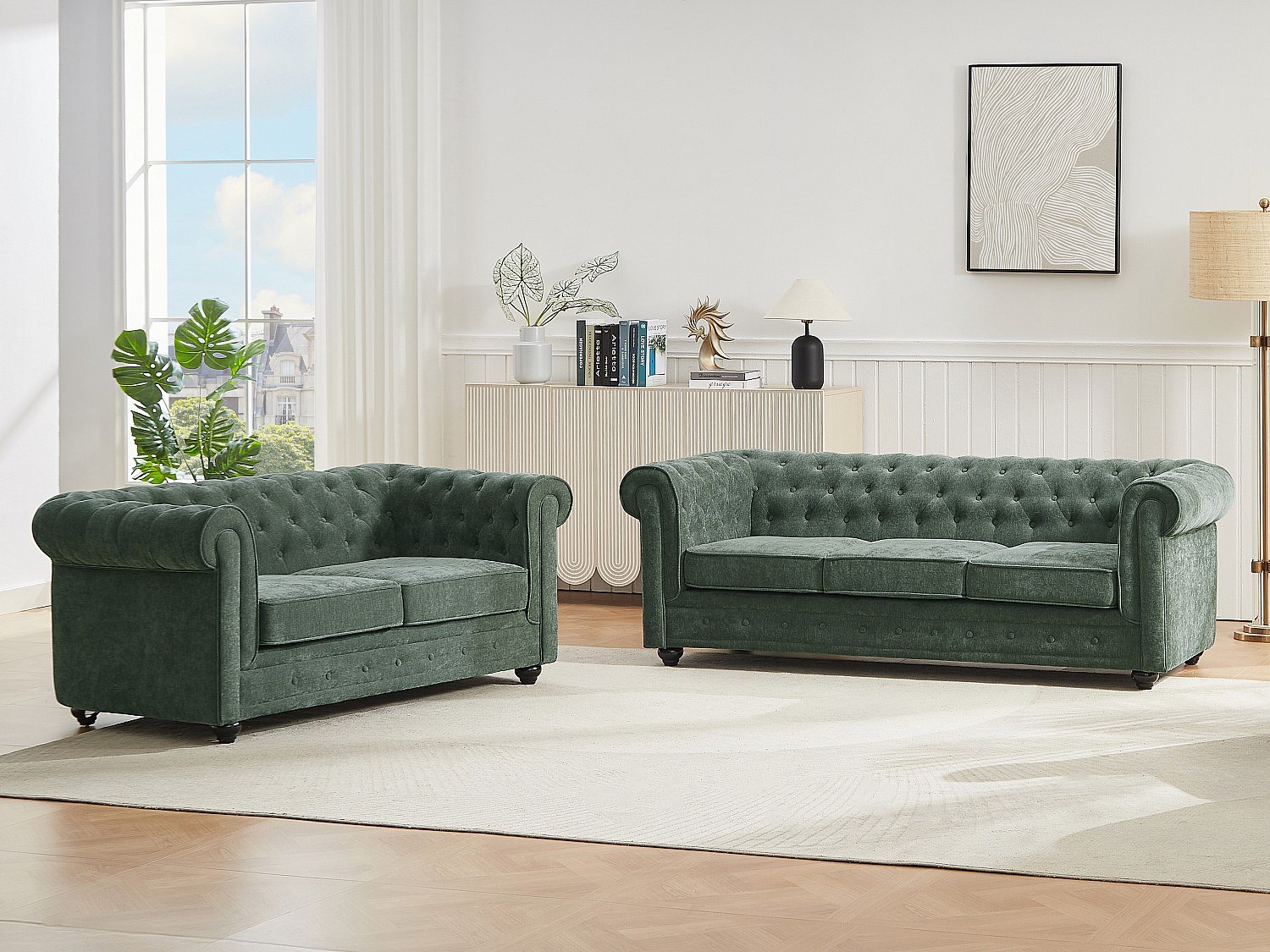 Sofa 3-Sitzer & 2-Sitzer - Stoff - Grün - CHESTERFIELD günstig online kaufen