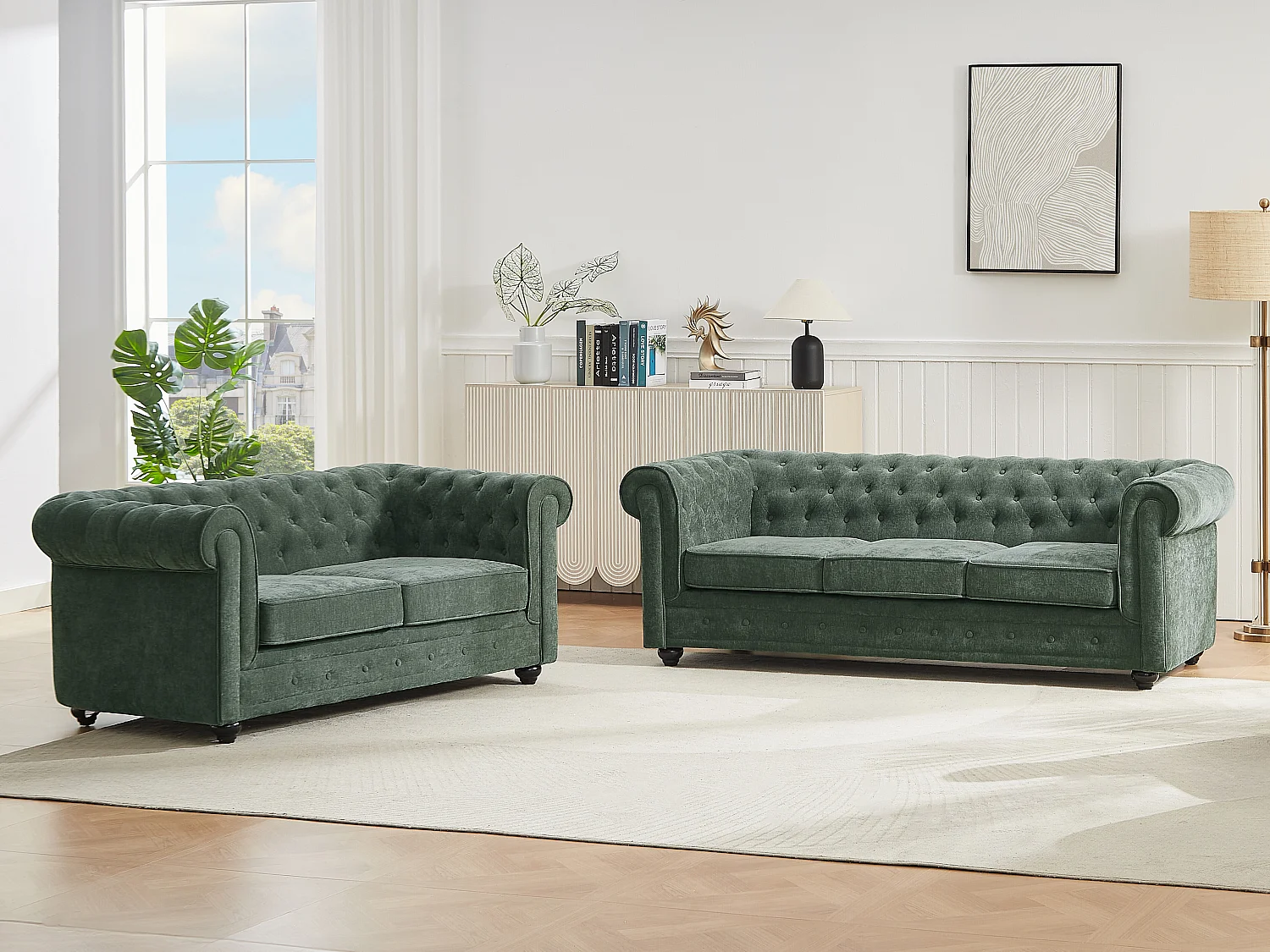 Canapés 3 places et 2 places en tissu vert CHESTERFIELD