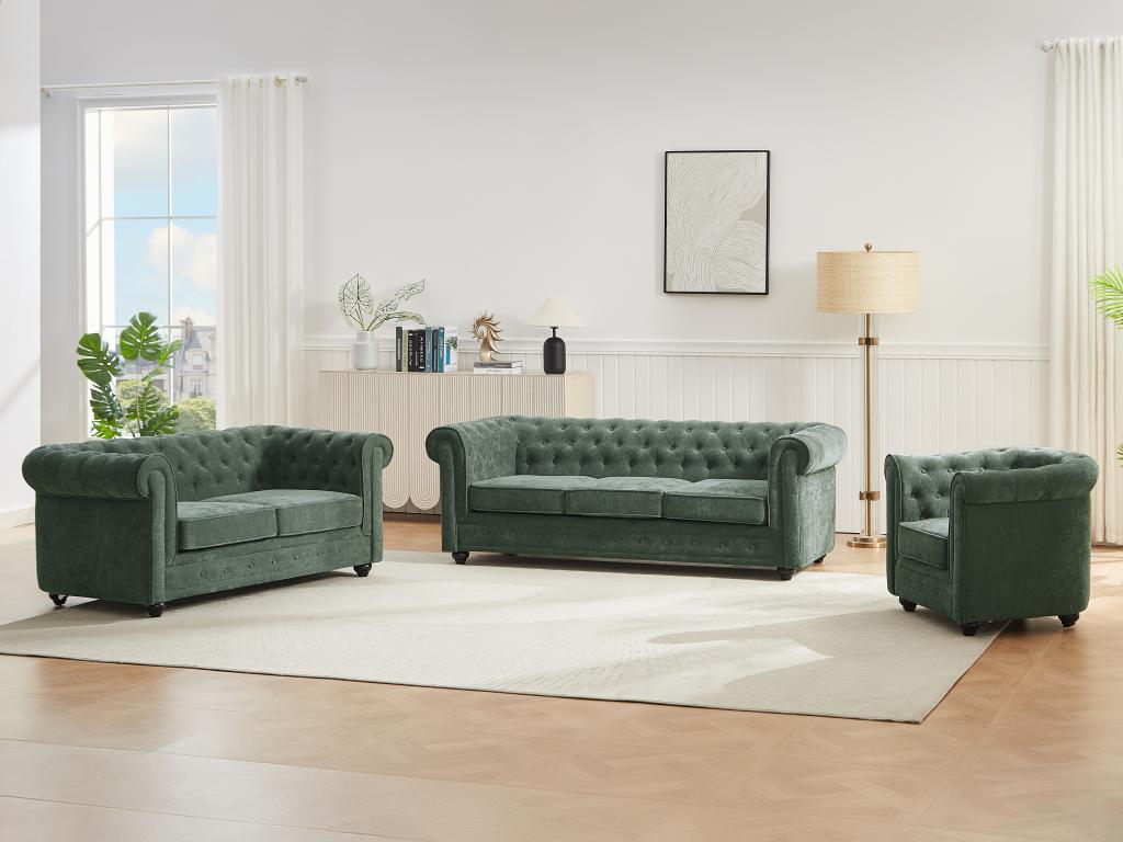 Sofa 3-Sitzer & 2-Sitzer & Sessel - Stoff - Grün - CHESTERFIELD günstig online kaufen