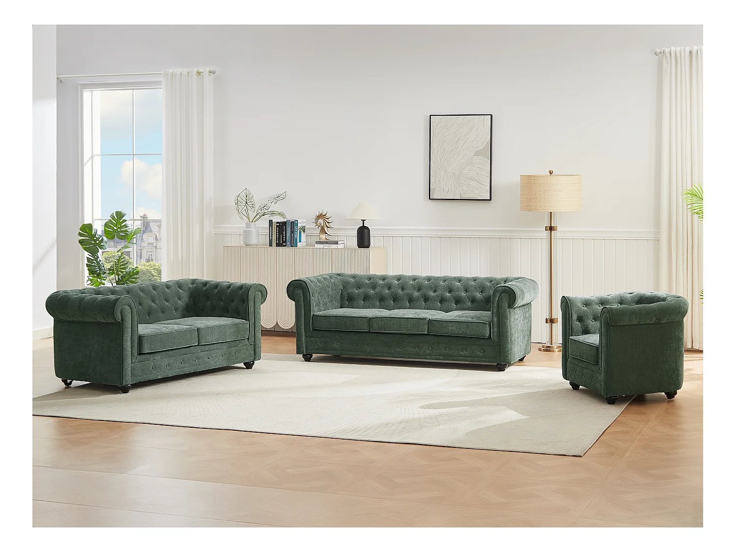 Canapés 3 places 2 places et un fauteuil en tissu vert CHESTERFIELD