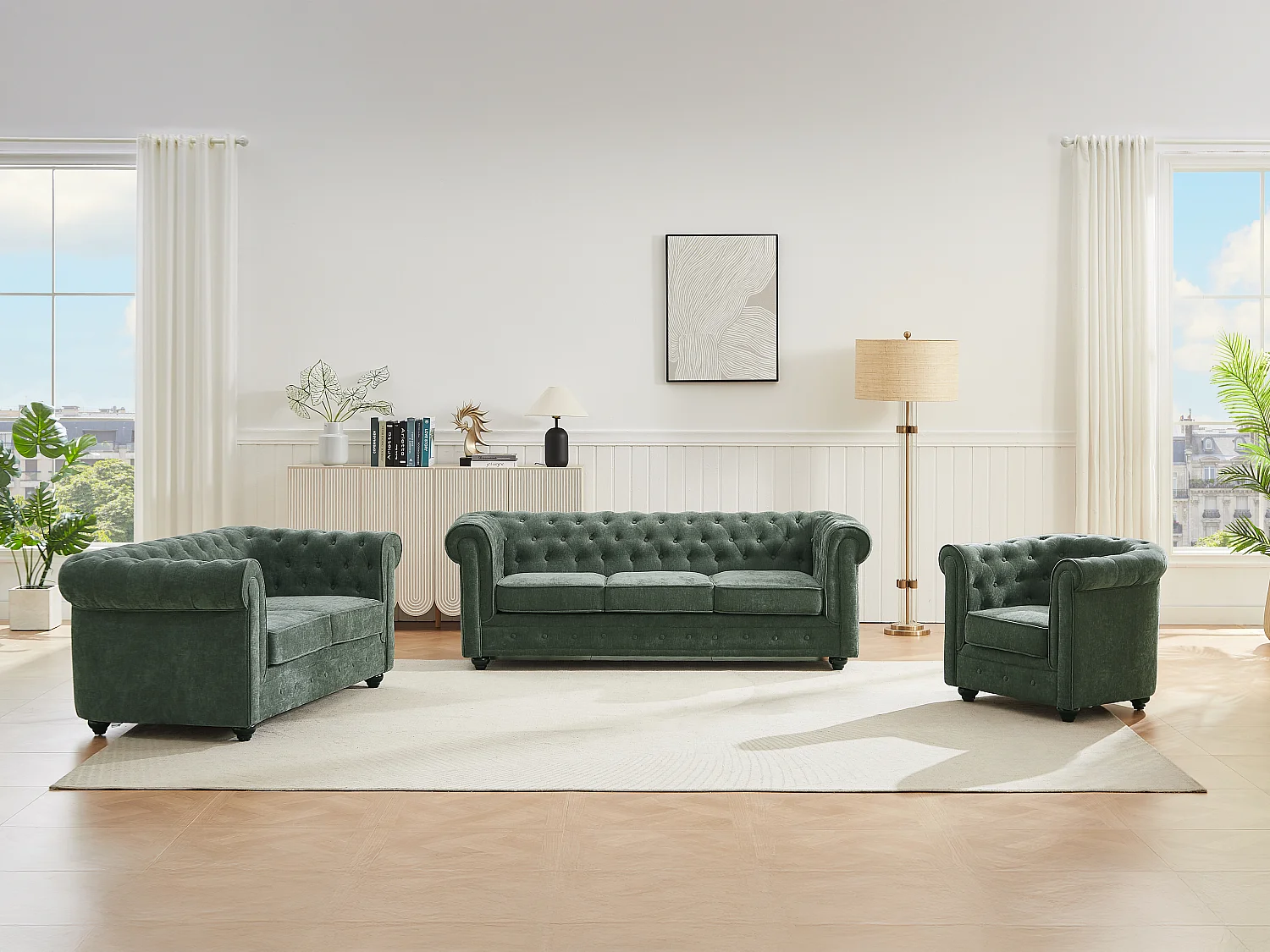 3-seters og 2-seters sofaer og en lenestol i grønt stoff CHESTERFIELD