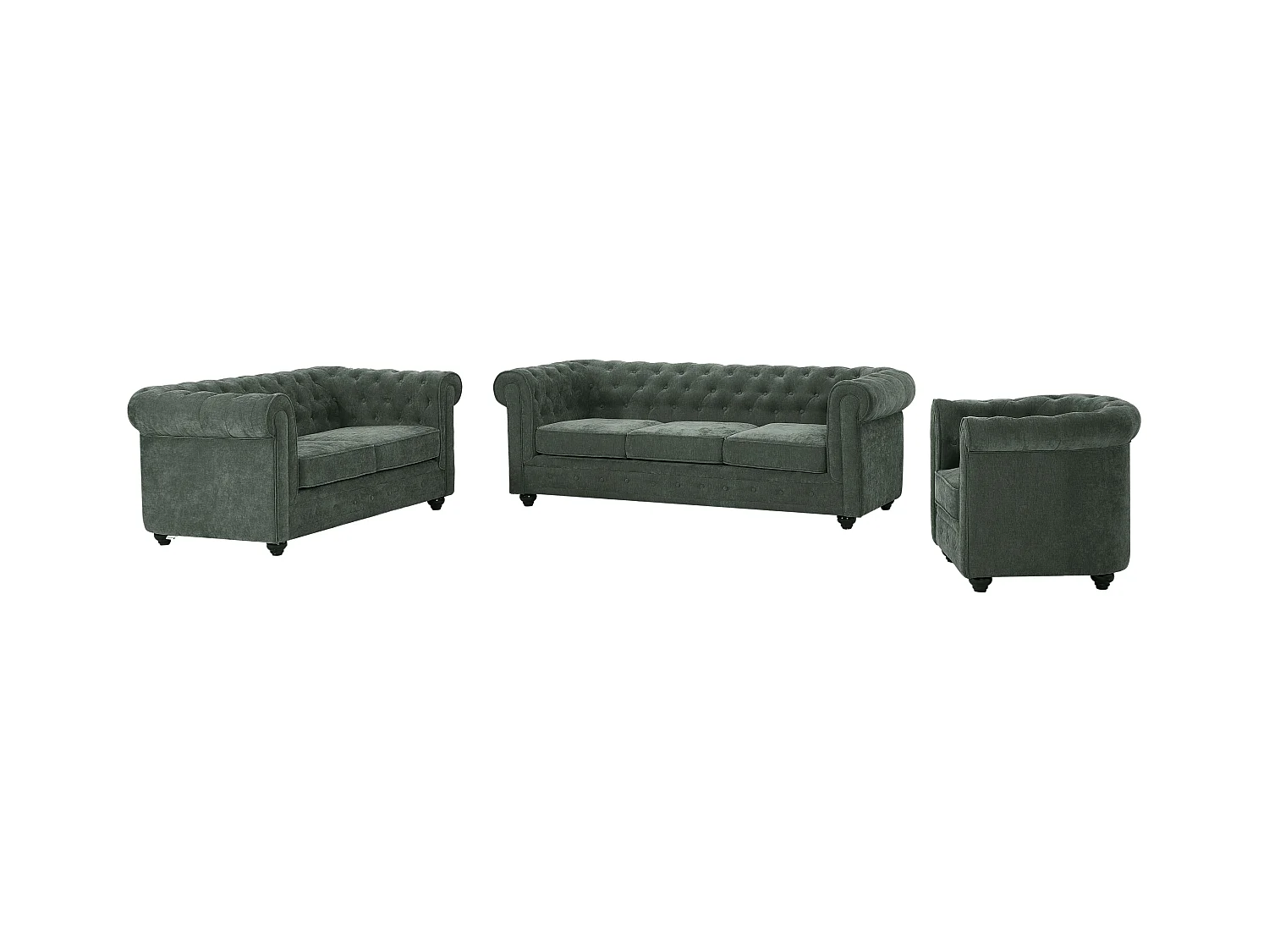 Canapés 3 places 2 places et un fauteuil en tissu vert CHESTERFIELD