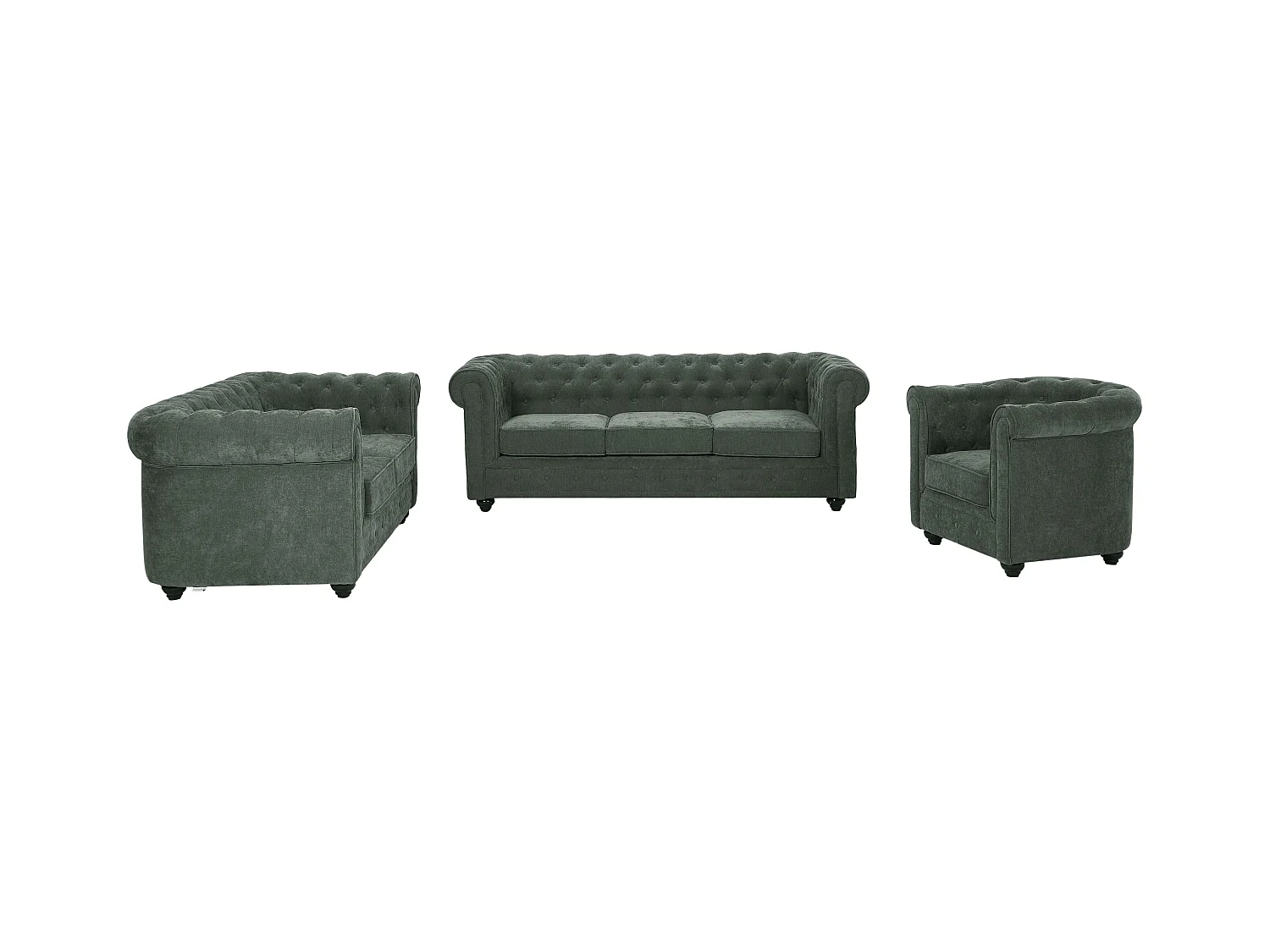 Canapés 3 places 2 places et un fauteuil en tissu vert CHESTERFIELD