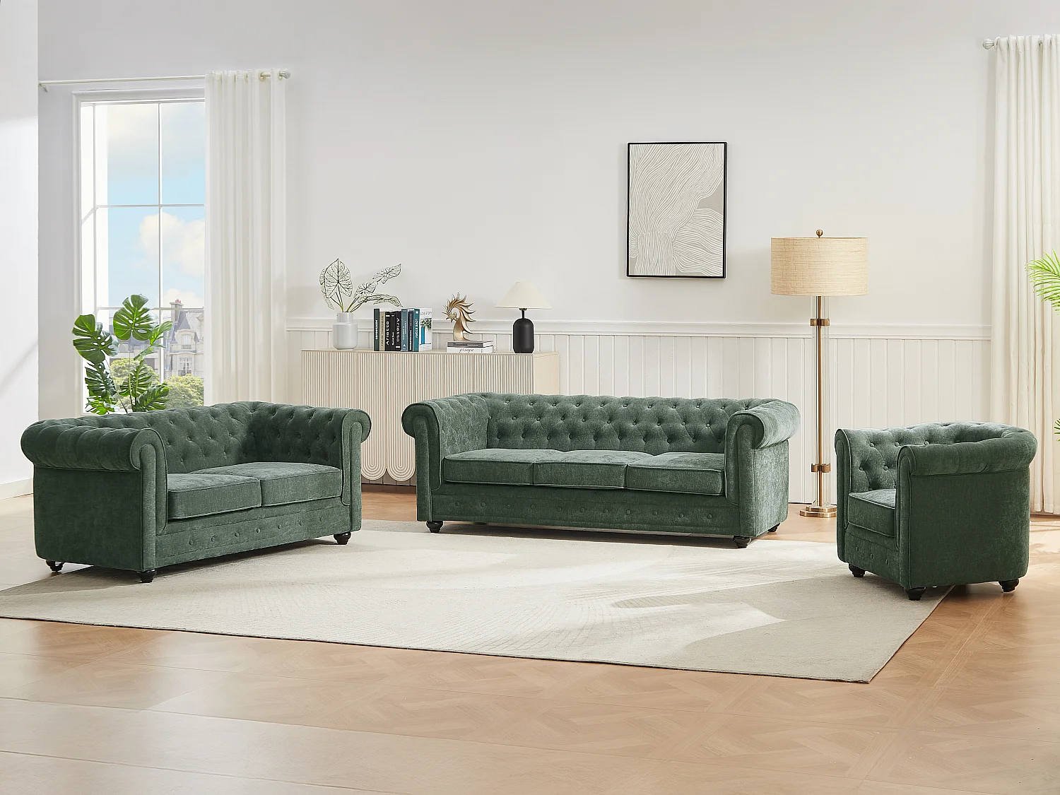 Canapés 3 places 2 places et un fauteuil en tissu vert CHESTERFIELD