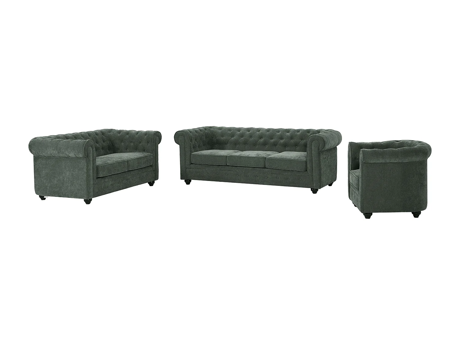 Canapés 3 places 2 places et un fauteuil en tissu vert CHESTERFIELD