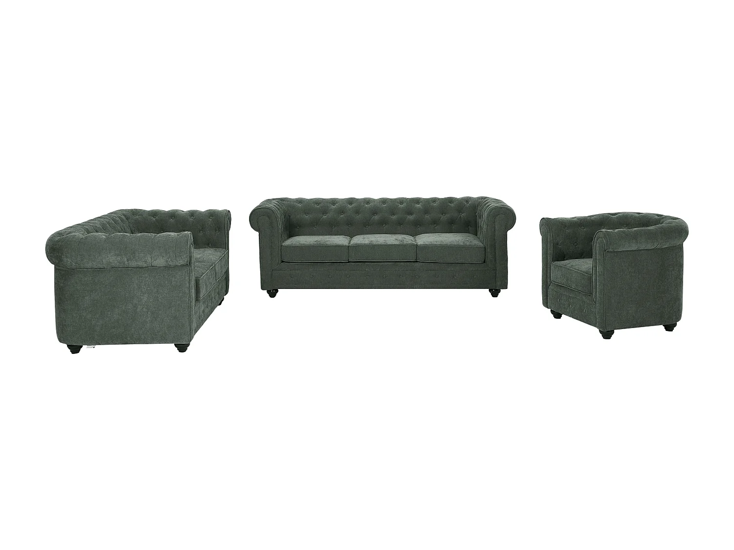 Canapés 3 places 2 places et un fauteuil en tissu vert CHESTERFIELD