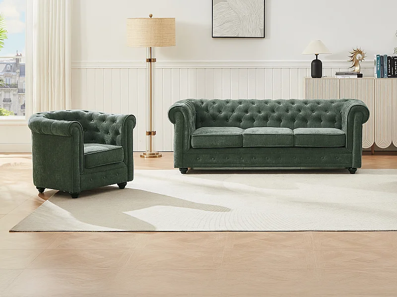 Kanapa 3-osobowa i fotel z zielonej tkaniny CHESTERFIELD