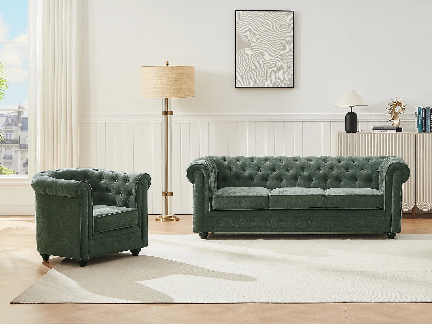 Treplass sofa og lenestol i grønt stoff CHESTERFIELD