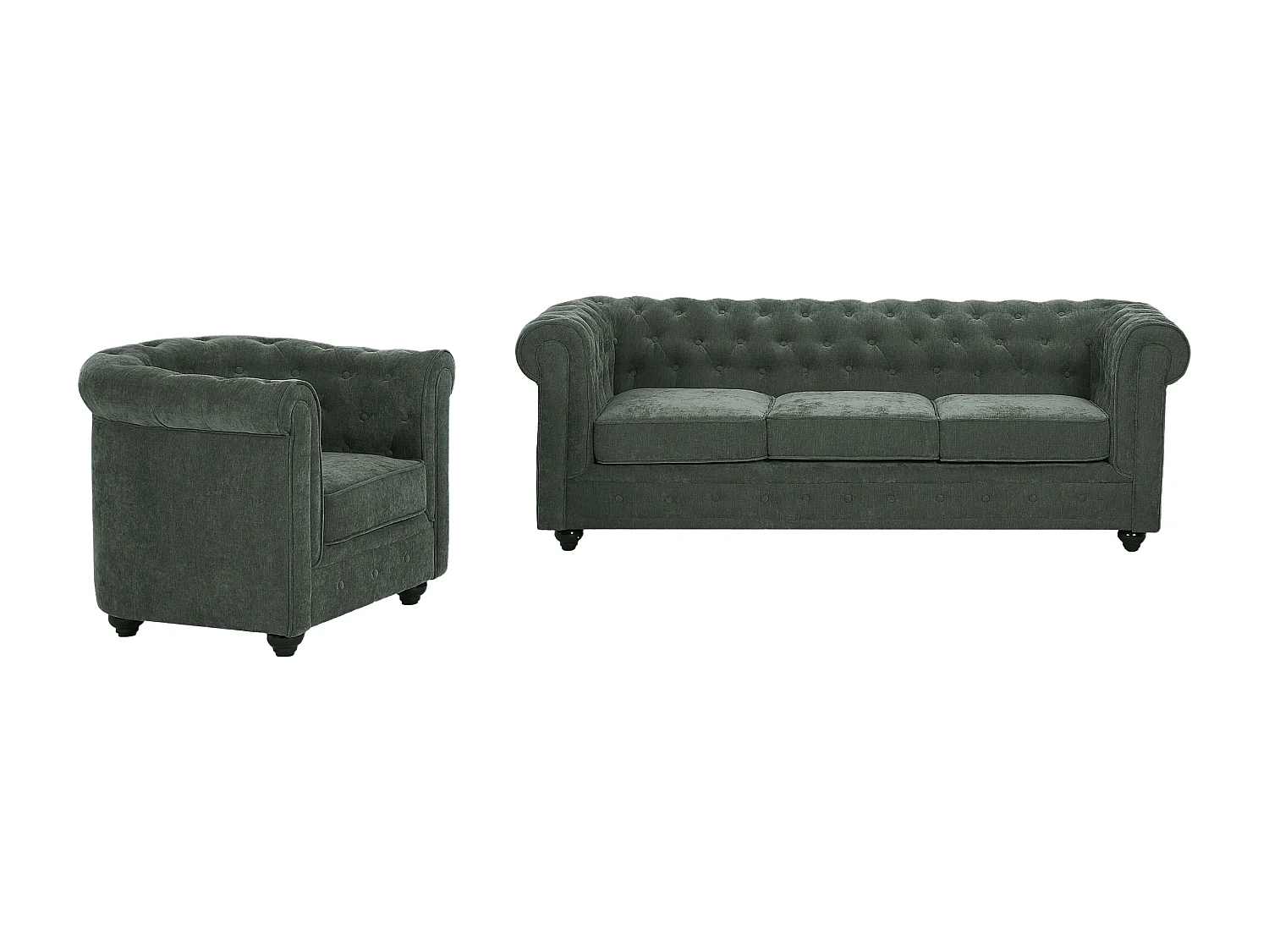 Canapé 3 places et fauteuil en tissu vert CHESTERFIELD