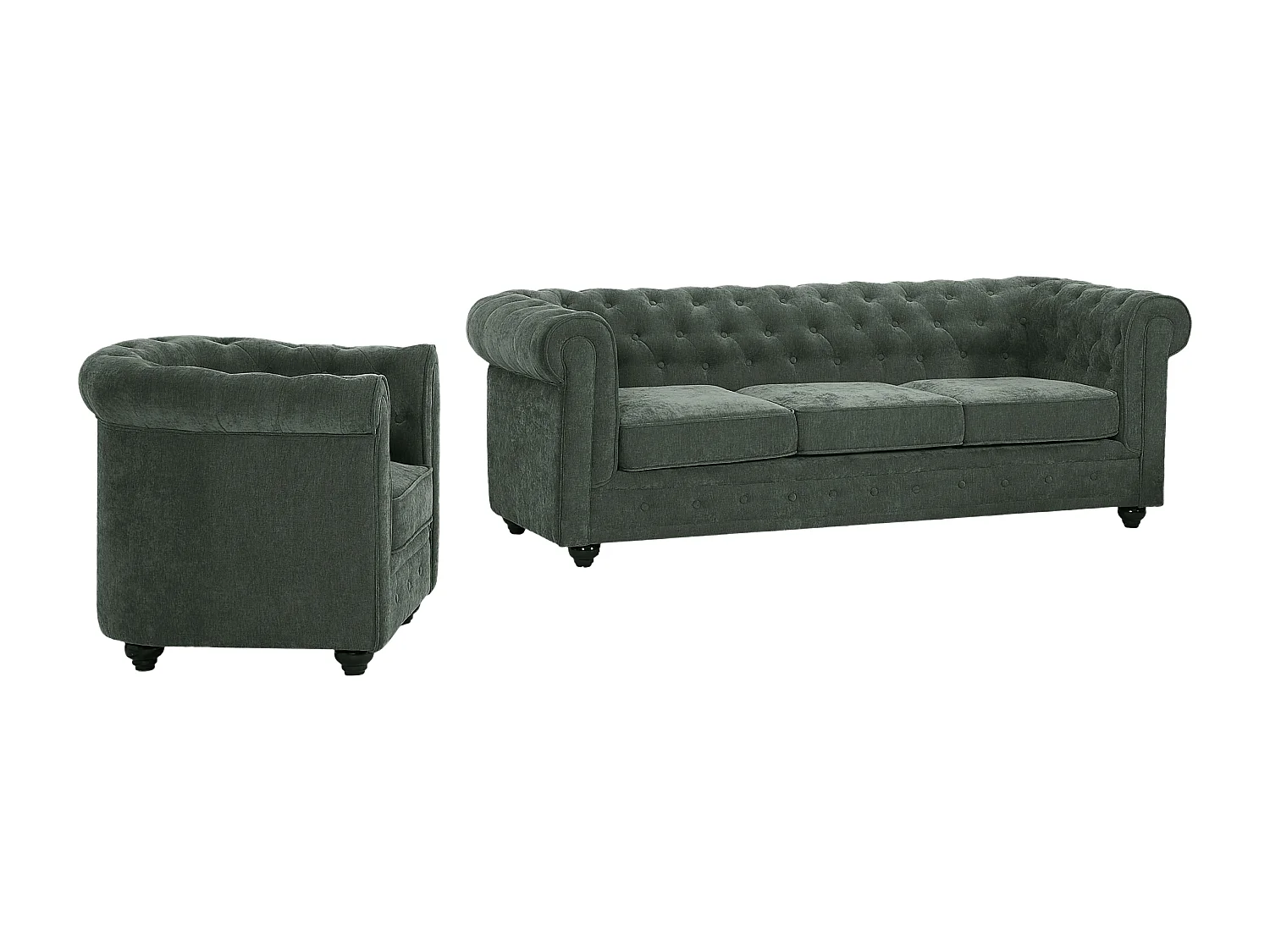 Canapé 3 places et fauteuil en tissu vert CHESTERFIELD