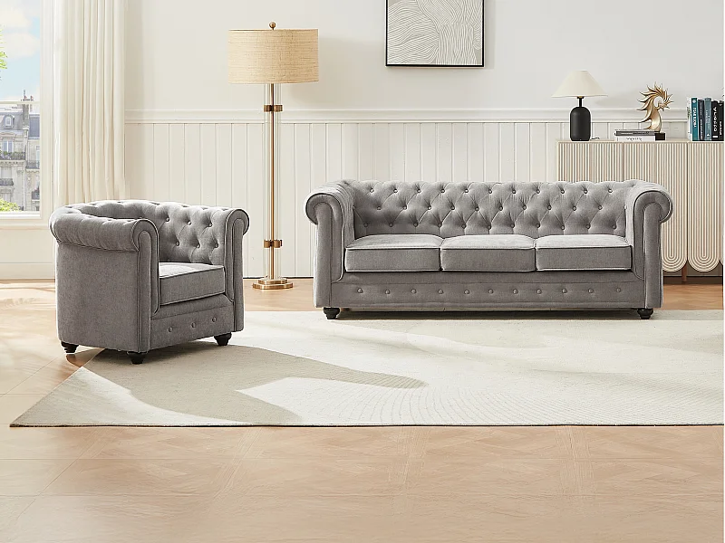 Sofa 3-Sitzer & Sessel - Stoff - Grau - CHESTERFIELD