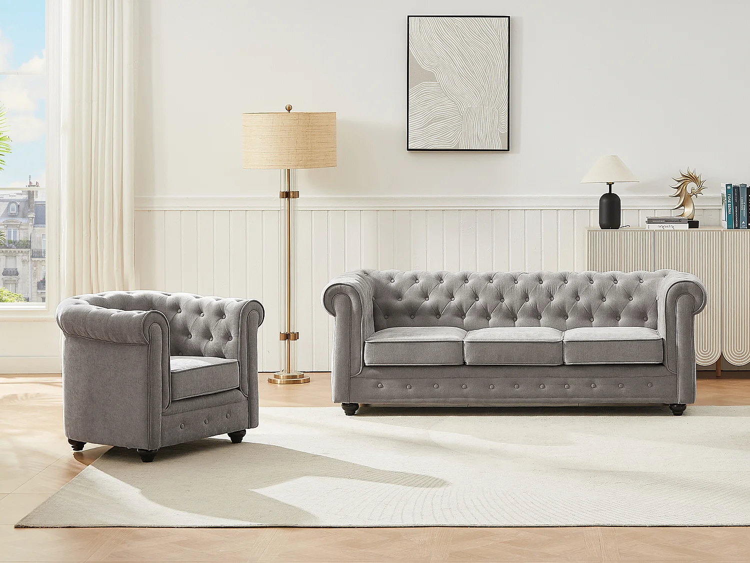 Canapé 3 places et fauteuil en tissu gris CHESTERFIELD