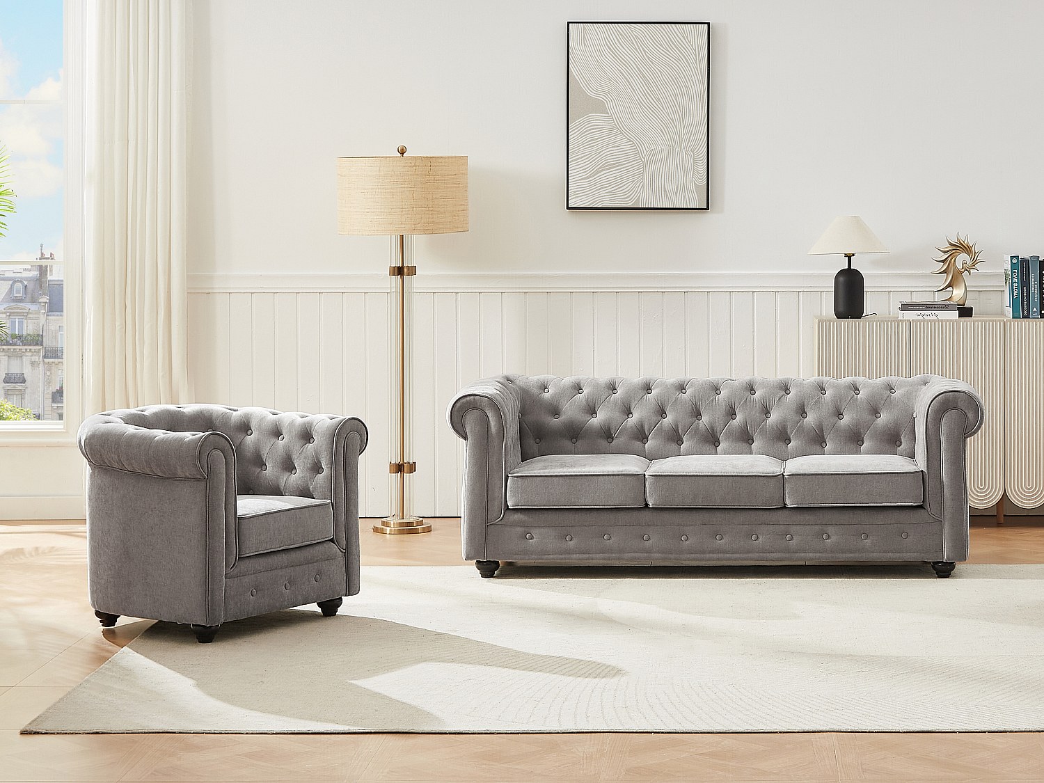 Sofa 3-Sitzer & Sessel - Stoff - Grau - CHESTERFIELD günstig online kaufen