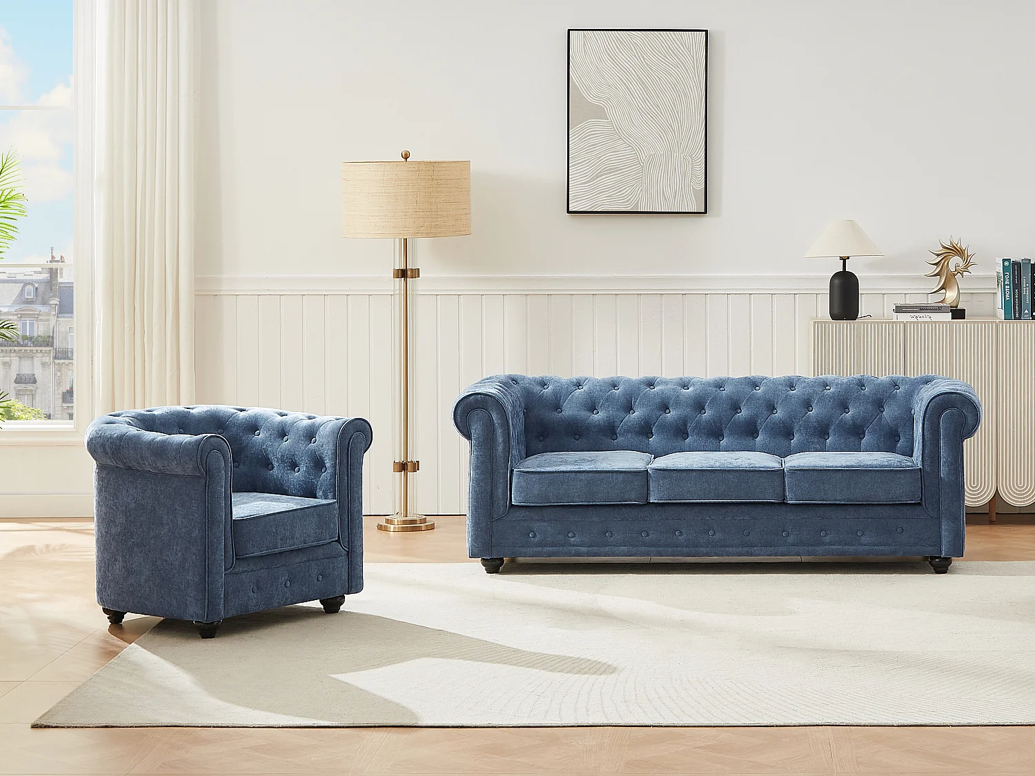 3-seters sofa og lenestol i blått stoff CHESTERFIELD