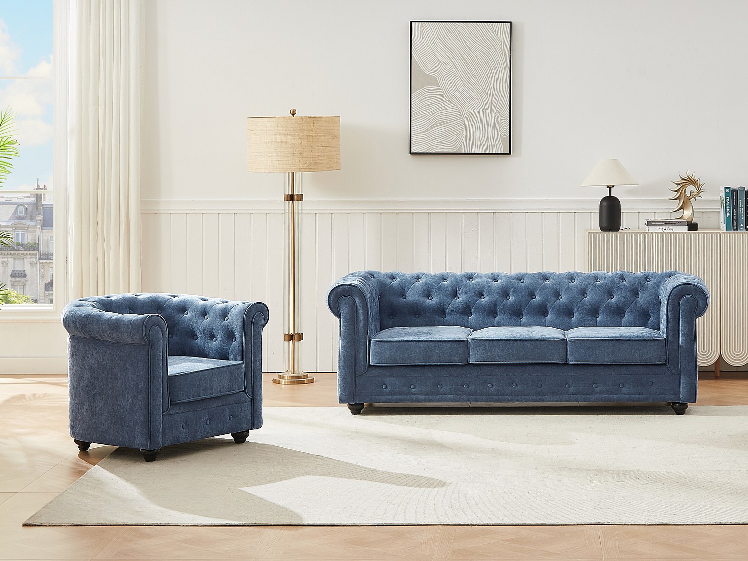 Sofa 3-Sitzer & Sessel - Stoff - Blau - CHESTERFIELD günstig online kaufen