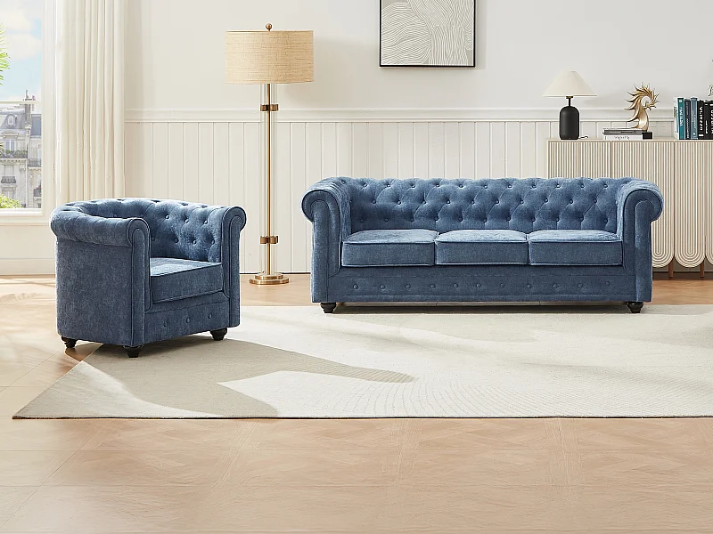 Canapé 3 places et fauteuil en tissu bleu CHESTERFIELD
