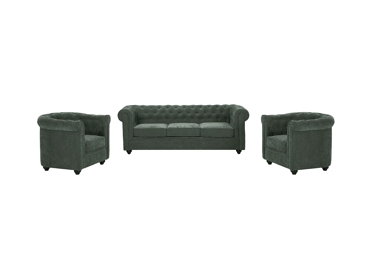 Canapé 3 places et 2 fauteuils en tissu vert CHESTERFIELD