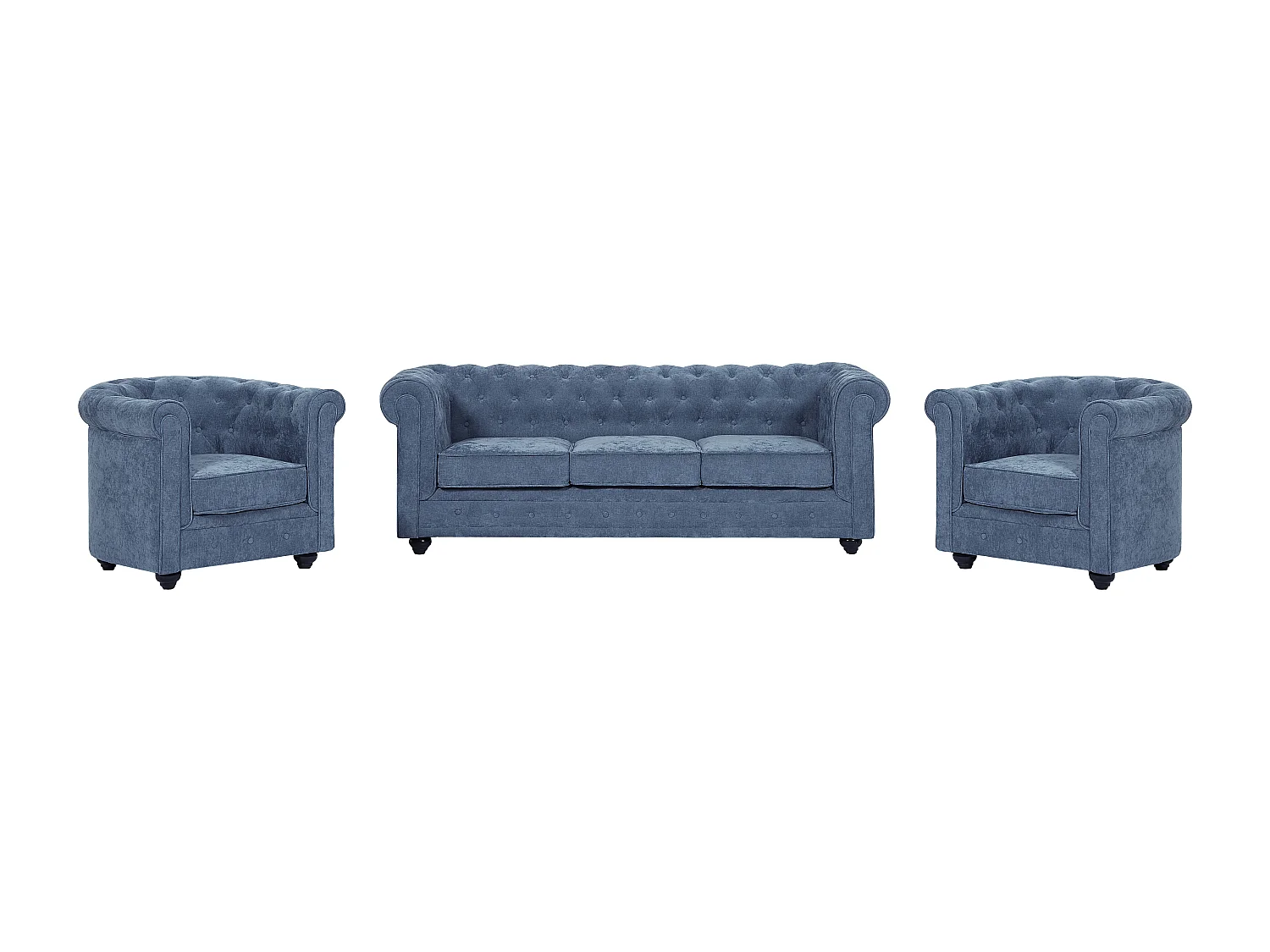 3-seters sofa og 2 armchairs i blått stoff CHESTERFIELD