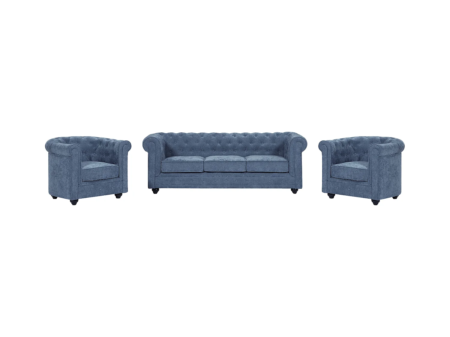 Canapé 3 places et 2 fauteuils en tissu bleu CHESTERFIELD