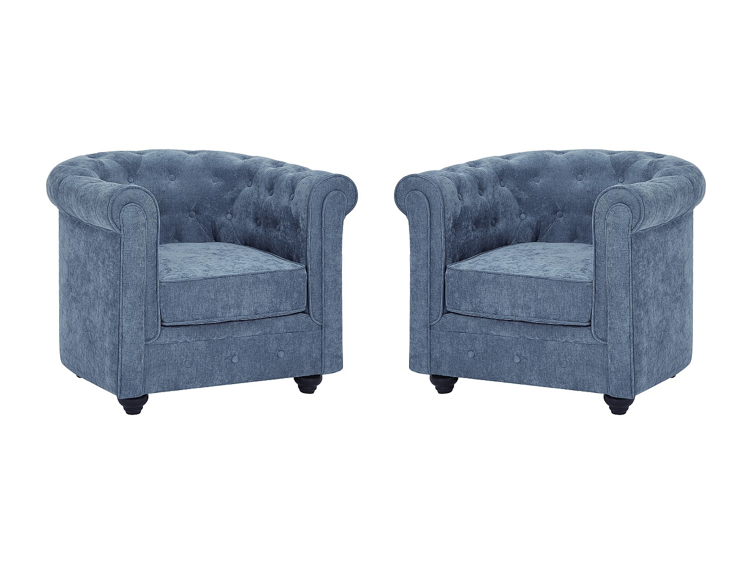 Set med 2 Chesterfield blå tygfåtöljer