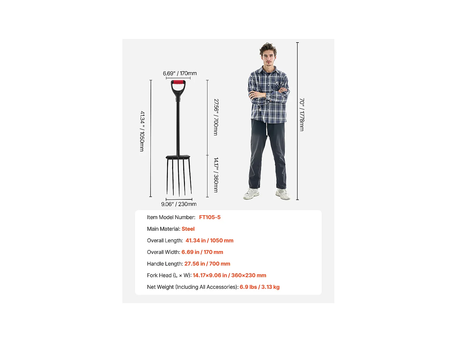 Fourche à Bêcher SucceBuy 5 Dents, Outil de Jardinage avec Manche en Métal Solide, Longueur Totale de 105 cm, Poignée en Y Ergonomique, Idéale pour Creuser