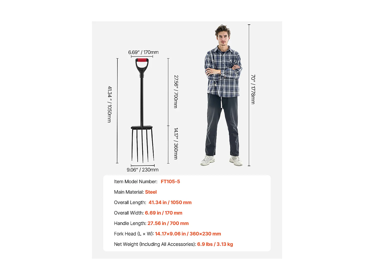 Fourche à Bêcher SucceBuy 5 Dents, Outil de Jardinage avec Manche en Métal Solide, Longueur Totale de 105 cm, Poignée en Y Ergonomique, Idéale pour Creuser