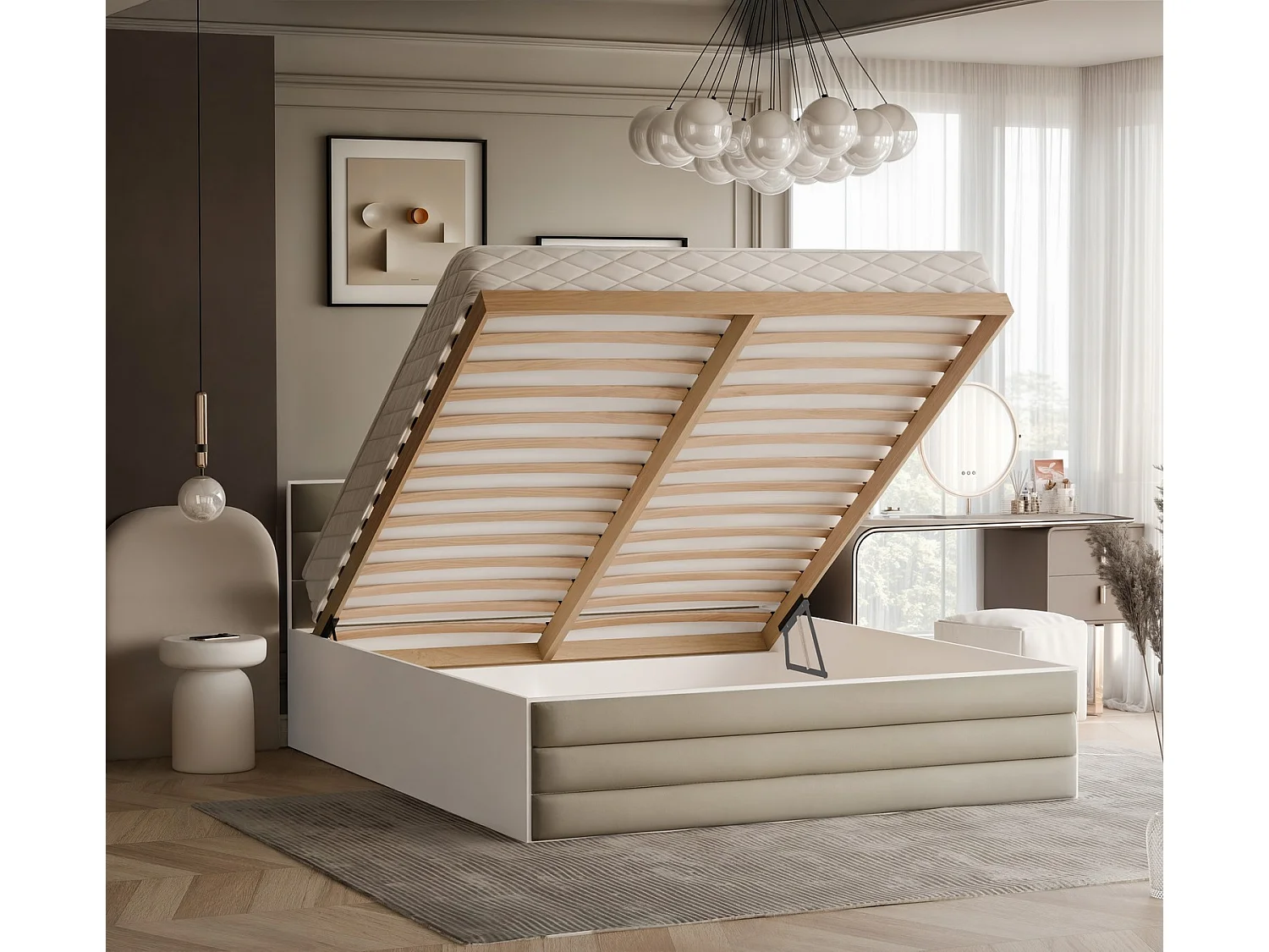 Lit tapissé VANTAGE avec coffre de rangement pour la literie | 120x200 Beige